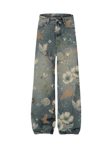Aelfric Eden Plant Flower Print Baggy Jeans Men Harajuku Wide Leg Jeans Y2k Hip Hop Boyfriend Denim Pants Blue - Image 1