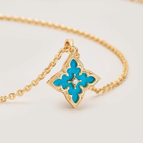 Fettero Gold Clover Necklace for Women Dainty 14K Gold Plated CZ Pendant Necklace Charm Turquoise Clover Pendant Adjustable Chain Lucky Necklaces for Women Jewelry - Thumbnail 5