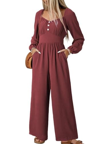 Dokotoo Jumpsuit for Women 2026 Spring Fashion Long Sleeves Square Neck Rompers Dressy Formal Jumpsuits For Women Casual Overalls with Pockets for Weddings,Red Dahlia Medium - Image 1