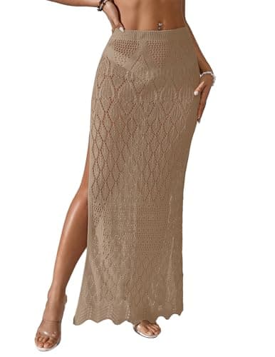 BreathSunny Womens Crochet Open Knit Elastic Waist Swimsuit Coverup Dress Summer 2026 Trendy Outfits Side Slit Mesh Swimwear Coverups Beach Swim Bathing Suit Cover Up Maxi Skirt Khaki L - Image 1