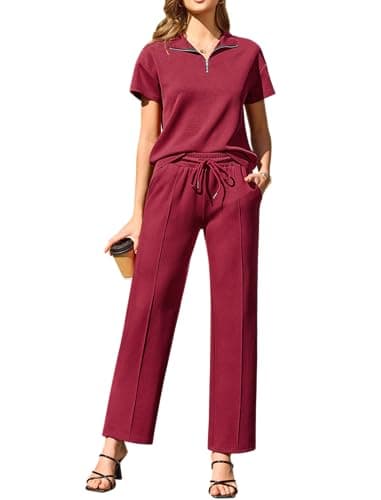 difficort Two Piece Sets for Women Summer Outfits 2026 Lounge Sets 1/2 Zip Sweatsuit Wide Leg Pants Travel Fashion Clothing, Wine Red, X-Large - Image 1