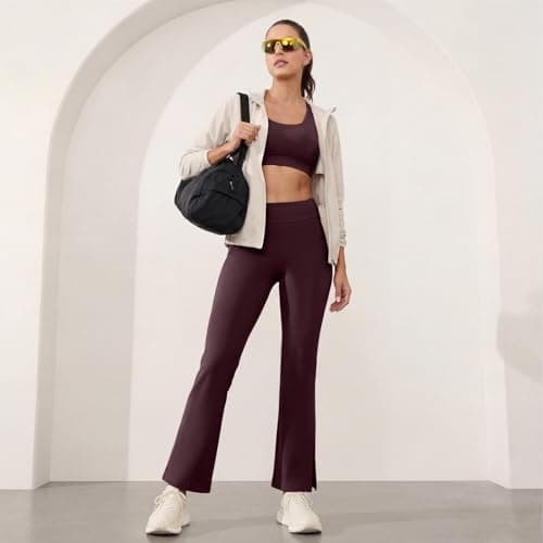 AMLEER Women's High Waist Full-Length Flare Leggings with Side Slit - Tummy Control Butt Lifting Gym Yoga Pants (Brown, X-Large) - Thumbnail 3