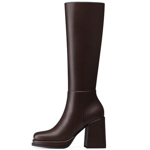 CELLENZ Women Knee High Boots: Trendy Boots with Side Zipper - Platform Block Knee Boot Womens - Brown Leather Fall Knee High Boot Trip Size 8 - Thumbnail 3