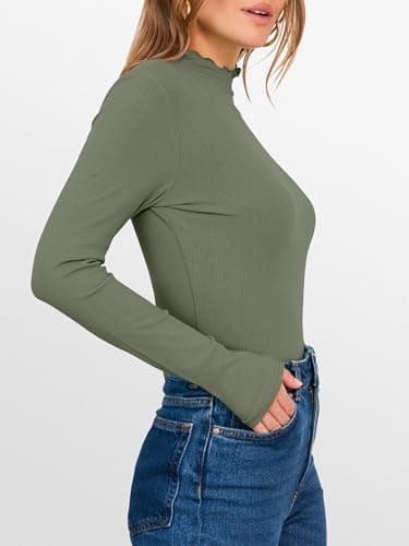 ANRABESS Women's Lettuce Trim Mock Neck Long Sleeve Tops 2026 Casual Dressy Ribbed Knit Slim Fit Tee Shirt Fall Layer Outfits Sage Green X-Small - Thumbnail 5