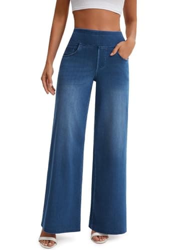 JEAVIA Women's Wide Leg Jeans High Waisted Pull On Baggy Jeans Stretchy Elastic Waist Sweatpant Trendy Loose Denim Pants Blue - Image 1