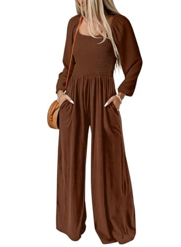 Dokotoo Loose Jumpsuits for Women Overalls Oversized Solid Color Wide Leg One Piece Long Sleeve jumpsuit Long Pant Romper with Pockets 2026 Fashion Brown Large - Image 1