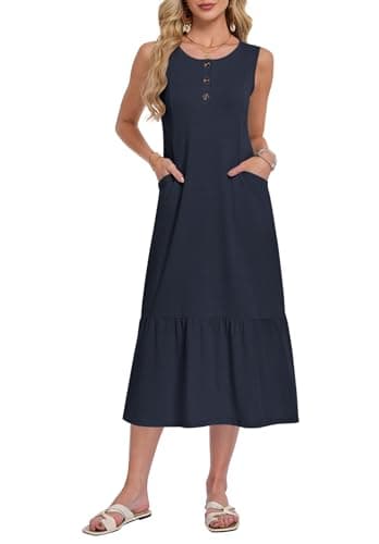 WNEEDU Beach Long Dress for Women Hawaiian Summer Maxi Dress Flowy Boho Sundresses Tropical Beach Cruise Outfits,Navy Blue,M - Image 1