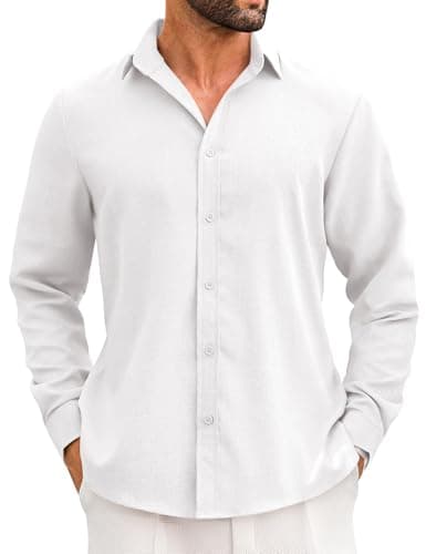 LETSEE Men's Linen Blend Button Down Shirt – Lightweight Long Sleeve Casual Shirt for Beach, Vacation & Wedding White - Image 1