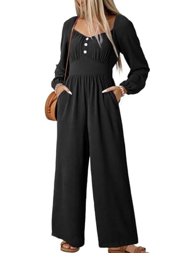 Dokotoo Jumpsuits for Womens 2026 Spring Lantern Sleeve Square Neck Maternity Flowy Romper Smocked Waisted Wide Leg Cruise Sexy Outfits Plus Size with Pockets for Wedding,Black X-Large - Image 1