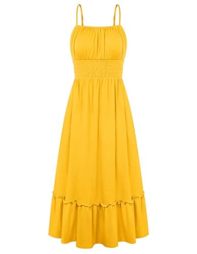 GRACE KARIN Women's Summer Maxi Dress 2026,Smocked Ruched Bust Sundress with Adjustable Straps & Pockets Yellow XXL - Image 1