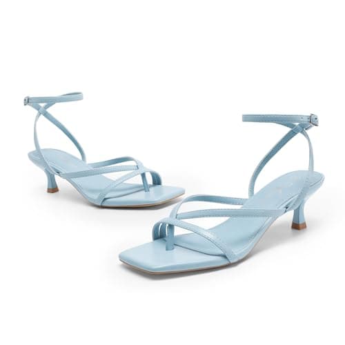 Athlefit Kitten Strappy Heels for Women Blue Square Open Toe Low Heels Sandals Ankle Strap Sexy Party Wedding Dress Shoes Size 6.5 - Thumbnail 6
