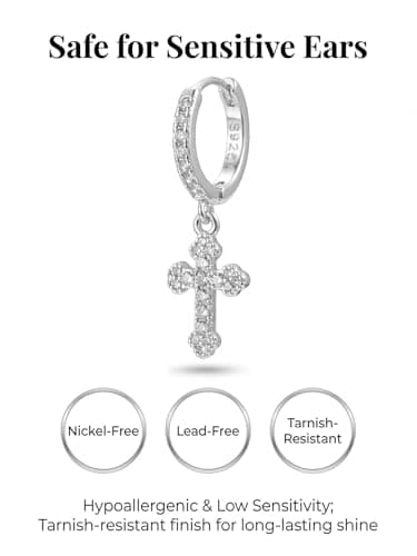 Sterling Silver Cross Hoop Earrings for Women 925 Silver Dangle Drop Earrings Dainty Trendy Sparkly Dangling Earrings Small Dangly Huggie Hoops with Cubic Zirconia Charms Mens Cross Earrings - Thumbnail 4
