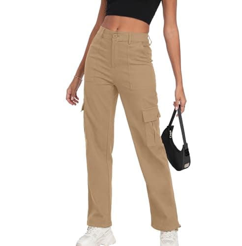 Plus Sized Y2K Wide Leg Cargo Pants for Women High-Waist Hiking Trousers with Drawstring Casual Baggy Pants 2025 A - Khaki - Image 1