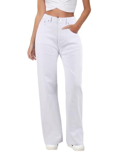 HDLTE Baggy Stretchy Jeans for Women High Waisted Trendy Wide Leg Jeans Boyfriend Denim Pants with Patch Pockets,White,S - Image 1