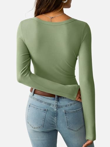 GKBK Long Sleeve Tops for Women Ribbed Knit Scoop Neck Slim Fitted Tight Basic Tee Shirts Lightweight Fall Sweaters 2025 Fashion Trendy Outfits Light Green - Thumbnail 4