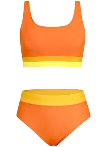 Alakuoti Girls Swimsuit Color Block Adjustable Straps Bikini Sets Teen Girl Two Piece Bathing Suits with Chest Pad Size 10 Orange - Image 1