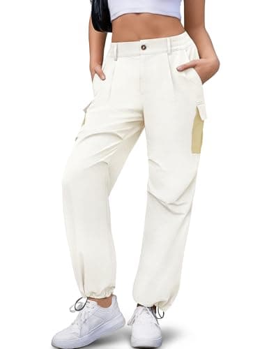 LOOKBOHO Summer Pants Women 2026 Cargo Color Block Pockets Lightweight Travel Drawstring Casual Straight Leg Hiking Trousers Light Apricot Medium - Image 1