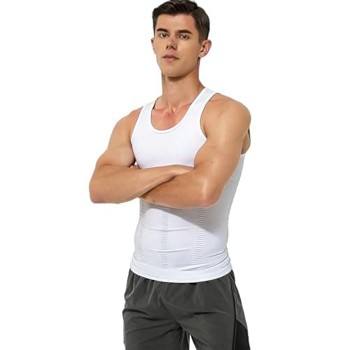 NIEEHBEGST 1 Pack White Men Compression Tank Top Slimming Body Shaper Shirt Tummy Control Workout Shapewear XXL - Thumbnail 5