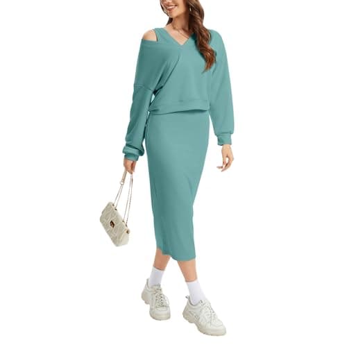 Anyshe Women's 2 Piece Matching Knit Sweater Set, Long Sleeve V-Neck Top with Maxi Skirt, Effortless Style for Vacation - Image 1