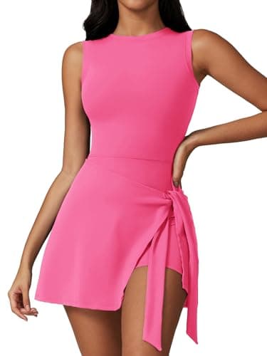 Dokuritu Athletic Dress for Women Built in Shorts Sleeveless High Neck Tennis Skort Dresses Backless Knot Workout Sarong Romper Rose Red - Image 1