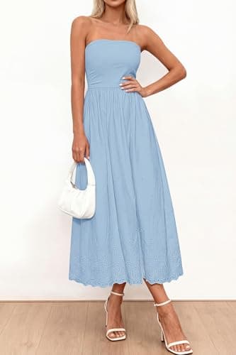 PRETTYGARDEN Womens Summer Dresses 2026 Sexy Sleeveless Tube Top Long Dress Eyelet Cotton Maxi Beach Sundress Pockets(Light Blue,XX-Large) - Thumbnail 6