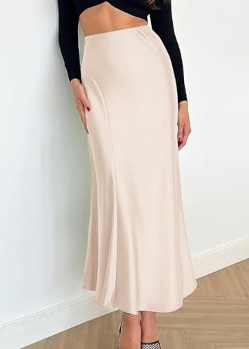 KIRUNDO Women Spring Summer Satin Maxi Skirt 2026 Trendy High Waisted Wedding Cocktail Party Work Silk A-Line Formal Skirts(Beige, Small) - Thumbnail 3