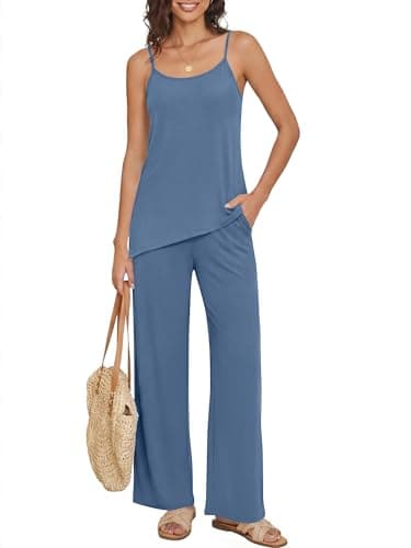 Casly Lamiit Vacation Outfits for Women 2 Piece Sets Summer Camisole Top Wide Leg Pants Matching Sets Sexy Blue S - Image 1