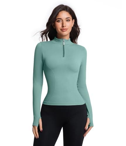 YOAKUKA Women's Long Sleeve Workout Tops Quarter Zip Pullover Workout Shirt Quick Dry Athletic Tops with Thumb Holes Light Blue - Thumbnail 4