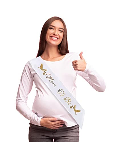 "Mom To Be" & "Dad To Be" Baby Shower Sash Bundle - With Cute Stork Image (White & Gold Lettering) Girl Boy Baby Shower Party Decorations, Gifts, Favors, Mommy Supplies Gender Reveal - Thumbnail 5