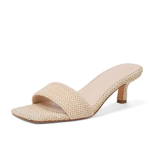 Ancomafio Kitten Heel Sandals Raffia Low Heels 2 Inch Square Open Toe Sandals for Women Slip on Summer Vacation Casual Shoes Size 7.5 - Image 1