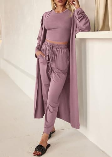 KIRUNDO 3 Piece Lounge Sets for Women Airport Travel Vacation Outfits 2026 Fall Cardigan Matching Sleeveless Top Jogger Pants(Mauve, Medium) - Thumbnail 4