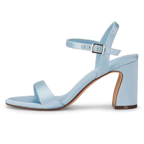 XMWEALTHY Women's Blue High Heels Chunky Block Heeled Sandals Open Toe Ankle Strap Summer Dress 3-Inch Wedding Heels for Graduation Prom Size 10 - Thumbnail 3
