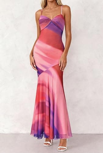 BTFBM Summer Dresses for Women 2026 Spaghetti Straps Sundress Twist Knot Mesh Mermaid Wedding Guest Dress Beach Vacation(Print Multicolour, Small) - Thumbnail 5