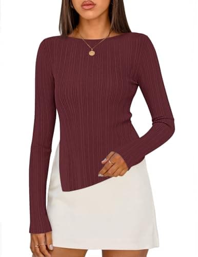 MEROKEETY Women's Fall Long Sleeve Sweater Tops 2025 Boat Neck Ribbed Asymmetric Lightweight Knit Shirts, Wine, Small