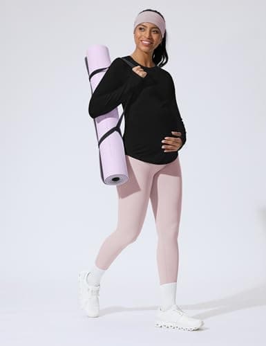 Mama Land Maternity Long Sleeve T-Shirts - Workout Yoga Tops Fall Comfortable Maternity Clothes Daily Casual Slim Fit Round Neck Pregnancy Clothes Must Haves (Black M) - Thumbnail 3
