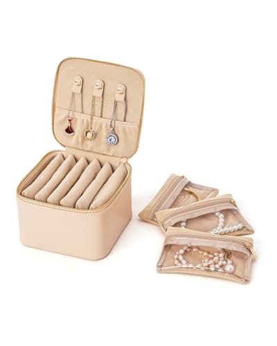 CASEGRACE Travel Jewelry Case, Jewelry Organizer with 6 Velvet Pouch Bags, Travel Jewelry Storage for Necklaces Rings Earrings, Gift for Women Girls, Amber