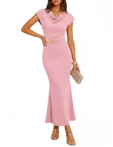 ZESICA Women's Summer Cowl Neck Bodycon Dress 2026 Cap Sleeve Ruched Elegant Wedding Guest Cocktail Long Midi Dresses-Pink-L - Image 1
