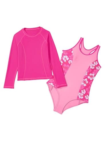 blibean Girls Rash Guard Swimsuit One Piece Flower Bathing Suits Tween Girl Floral Colorblock Swimwear Sets Kids Swim Cover Up Top Traje Baño Niñas Size 12-13 Year Old Hot Pink - Thumbnail 3