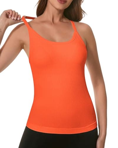 UG Active Women Built-in Bra Tank Tops Seamless Ribbed Tank with Pads Casual Fitted Cami Tank Orange Red M - Image 1