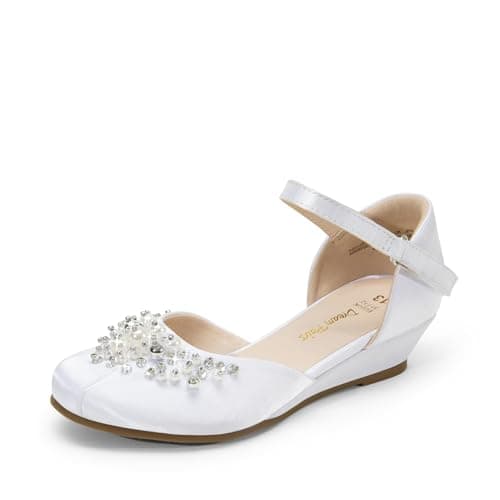 DREAM PAIRS Girls Dress Shoes, Glittering Low Wedge Heels with Pearls Rhinestones, Soft Cushioning, Hook-and-Loop Straps, Non-Slip Outsole, Party Formal Wear, Size 6 Big Kid,White,SDFL2414K - Image 1