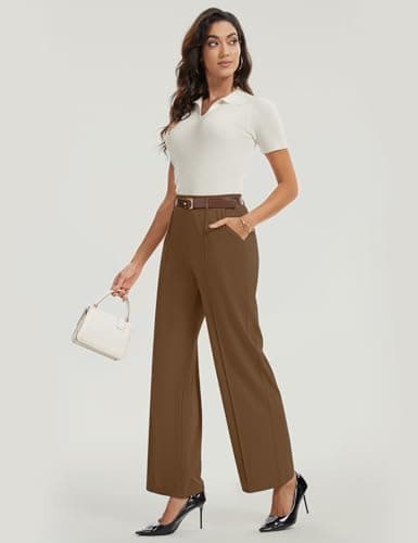 AVAMO Wide Leg Dress Pants for Women Pull On Stretchy Work Pants with Pockets High Elastic Waist Office Business Coffee - Thumbnail 2