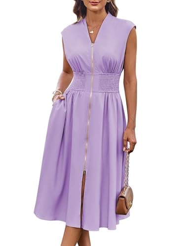 GRACE KARIN Work Dress for Women Summer Sleeveless Smocked Waist Zipper Dress Business Casual Outfits Lavender Purple L - Image 1