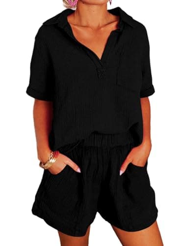 Dokotoo Two Piece Outfits Set for Women Summer Trendy Daily Tracksuit Ladies Solid V Neck Short Sleeve Shirts Matching Lounge Sets Comfy Casual Elastic High Waist Shorts with Pockets Black Medium - Image 1