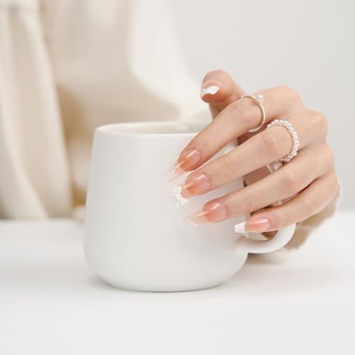 Press On French Tip Nails Handmade - Medium Ballerina Sheer Pink 3D Bow Pearls, Lightweight Durable False Nails For Women, Perfect For Gifting Or Salon Use, 24 Nails in 12 Sizes - Image 1