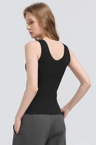 Orolay CHIIONE Womens Black Ribbed Tank Top Soft Knit Summer Tops Scalloped Neckline Layering Shirt Casual Wear - Thumbnail 5
