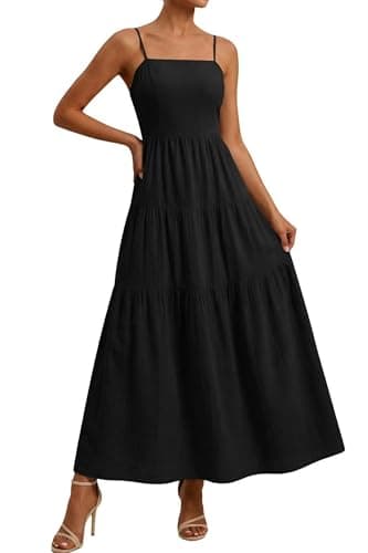 Okiwam Women's Summer Dress 2026 Casual Boho Sleeveless Spaghetti Strap Smocked Maxi Dress Ruffle Long Beach Sundresses-L Black - Image 1