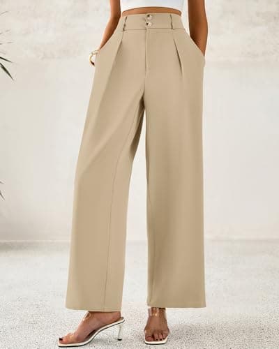 BTFBM Women Wide Leg Dress Pants 2026 High Waisted Button Pleated Business Casual Trousers Office Work Palazzo Pants(Light Khaki, XX-Large) - Thumbnail 4