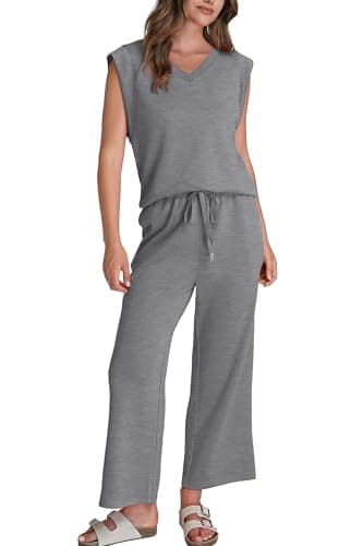 Sampeel Beach Vacation Clothes for Women Summer Outfits Airport Travel Business Casual V Neck Top Sets Matching Sets Women Clothing Plus Size Gray 2XL - Thumbnail 2