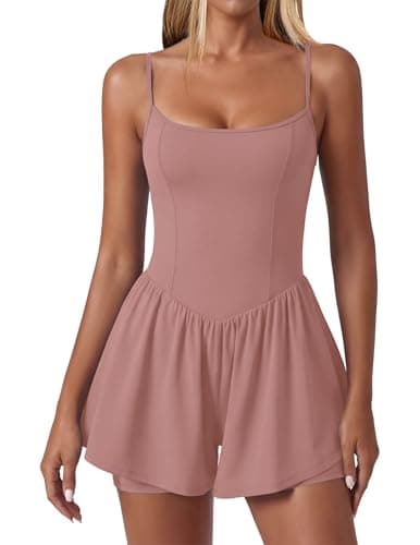 Ekouaer Womens Summer Sleeveless Workout Rompers Athletic Jumpsuit Double Lined Shorts One Piece Gym Yoga Clothes Dark Pink - Image 1