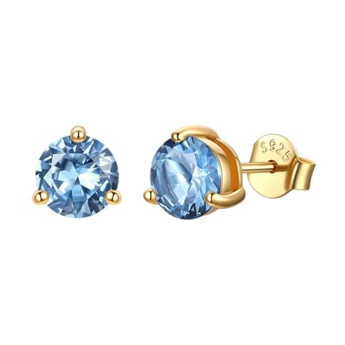 Justbeingcute March Birthstone Earrings Stud 1ct 6.5mm Aquamarine, Sea Blue CZ Hypoallergenic 925 Sterling Silver Stud Round Cut Everyday Studs Lightweight Wear Jewelry